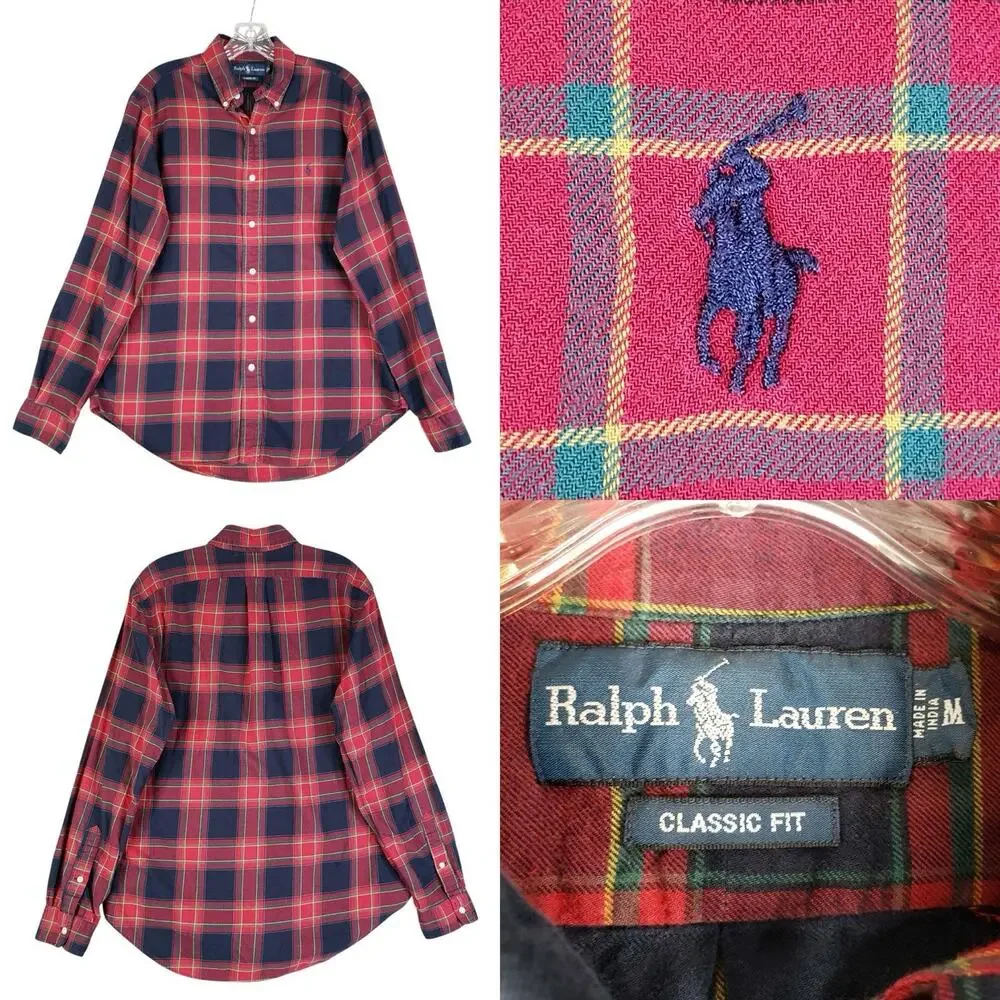 Polo Ralph Lauren Oxford Shirt Mens Medium M LS Button Down Red Plaid Blue
